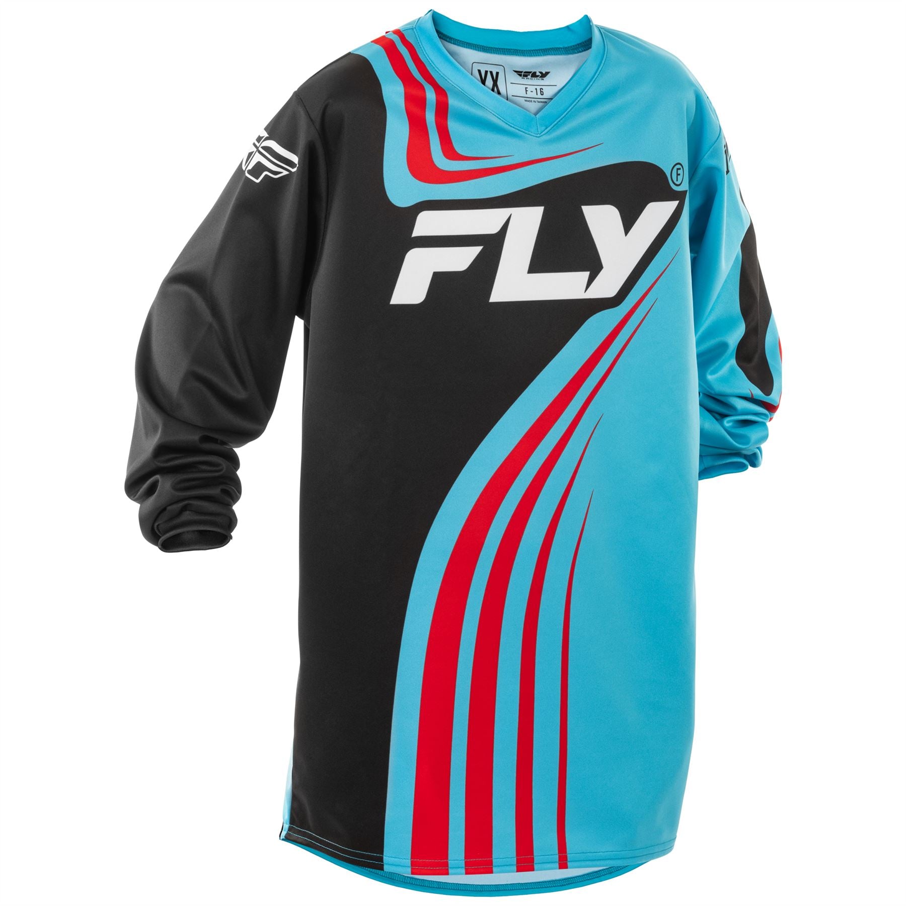 Fly Racing 2025 Youth F-16 Motocross Jersey Cyan Black Red